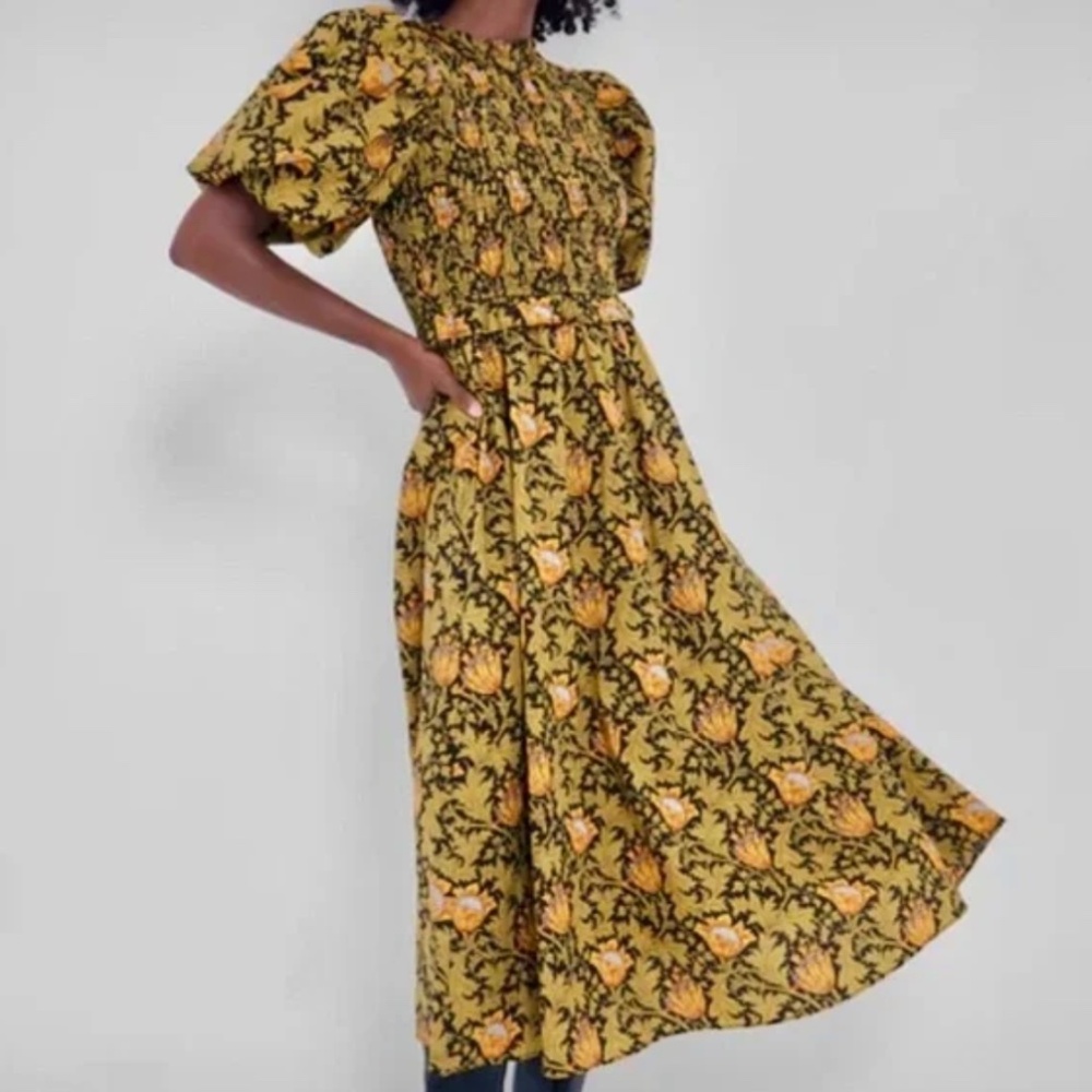 Tuckernuck Olive Leafy Floral Smocked Smythe Midi Dress
